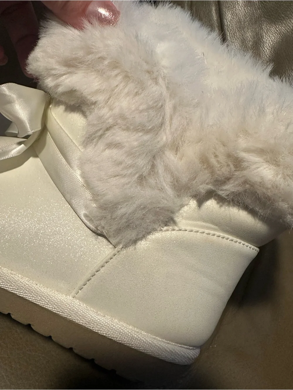 Gymboree Girls Chalet Glitter White Faux Fur Winter Boots Shoes Size 2 Satin Bow